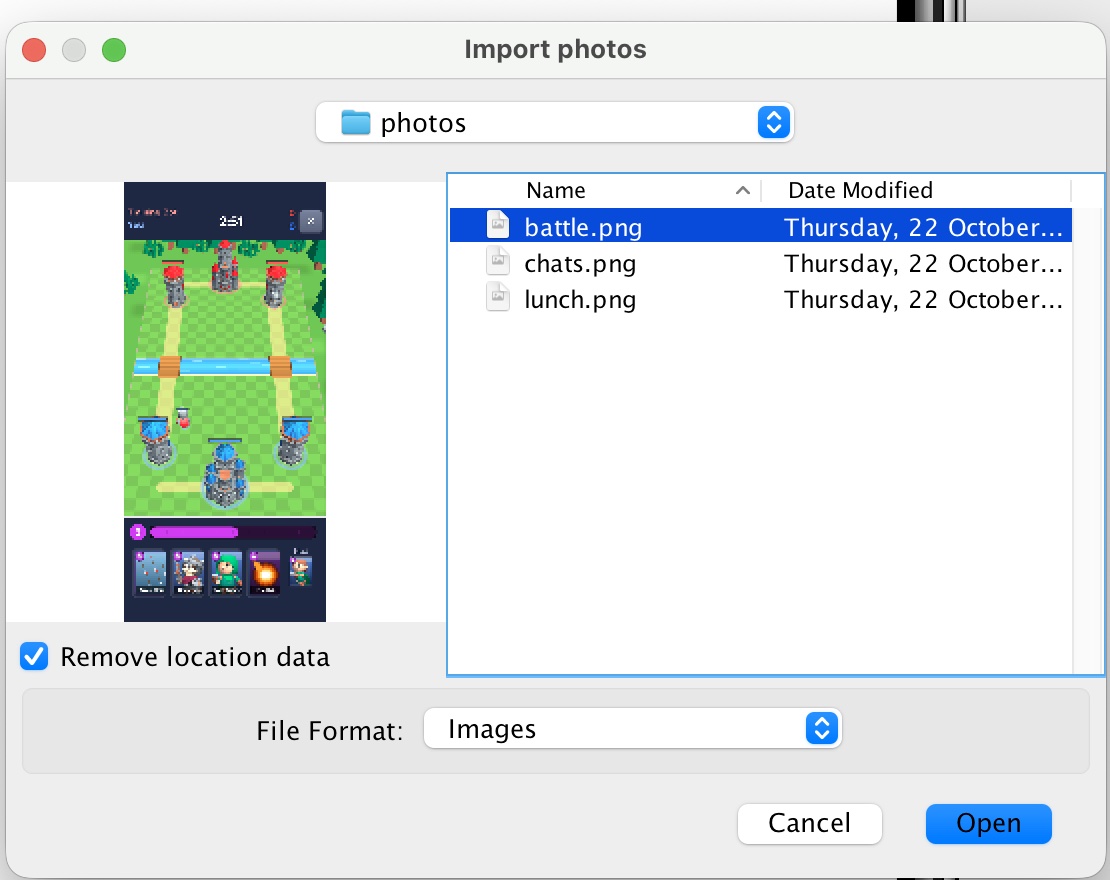 An open dialog with an image preview and a Remove location data option