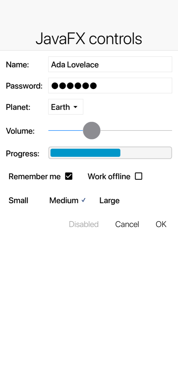 JavaFX text fields, a choice box, a slider, a progress bar and check boxes on an iPhone