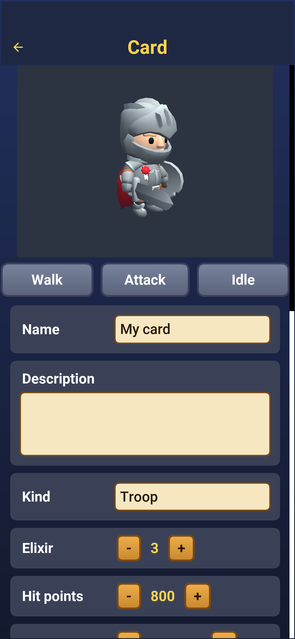 The card editor: a turntable preview of the character with Walk, Attack and Idle buttons, and fields for the name, kind, elixir and hit points